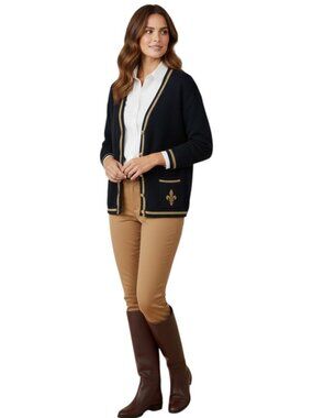 Karen Kane Womens Vintage Cardigan Wool Angora Blend Gold Sparkle Trim Black